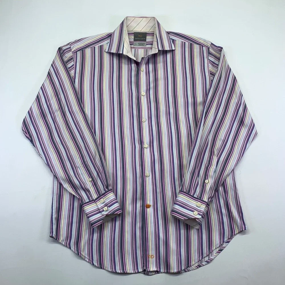 Thomas Dean Mens Striped Button Down Shirt M Medium Multicolor Cotton Longsleeve